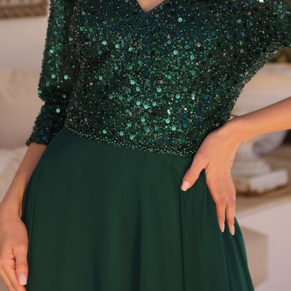 NEW LONG FORMAL A-LINE 3\4 SLEEVES DRESS EMBROIDERED W/ SEQUINS & BEADS NX MF103 - Picture 6 of 10